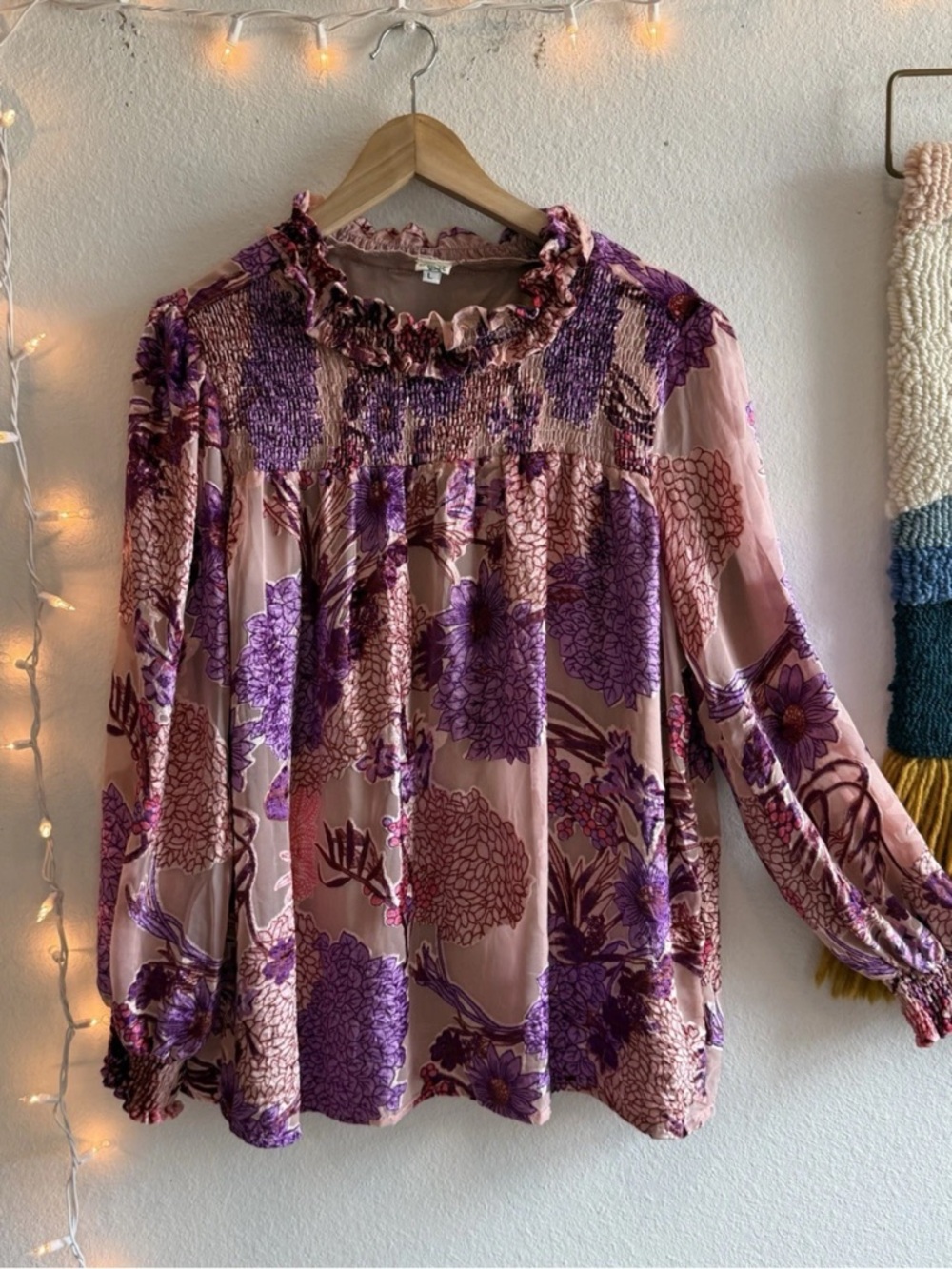 Ivy Jane Boho Top Size L Rose Floral Velvet Burnout High Neck Romantic Blouse